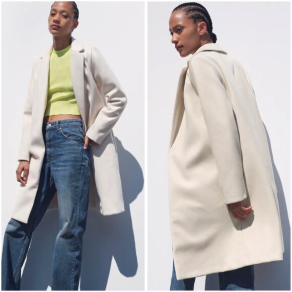 Zara Cream Lapel Open Front Lightweight Trench Coat Ivory Off White Size S - Picture 2 of 10